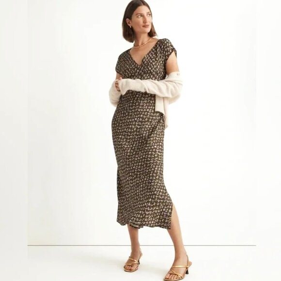 Madwell V Neck Midi Dress in Floral - Vegan Silk - Size 12 - Picture 1 of 4
